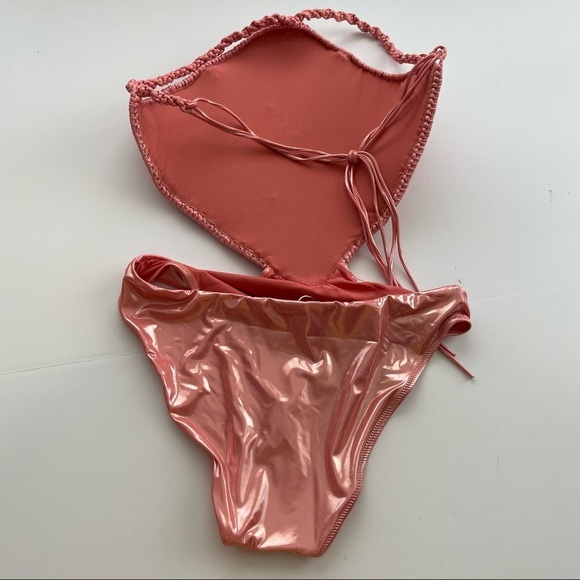 NORMAILLOT AURA SWIMSUIT PITAYA CORAL LAME WET LOOK MACRAMÉ CUT OUT CHEEKY L - Picture 6 of 8